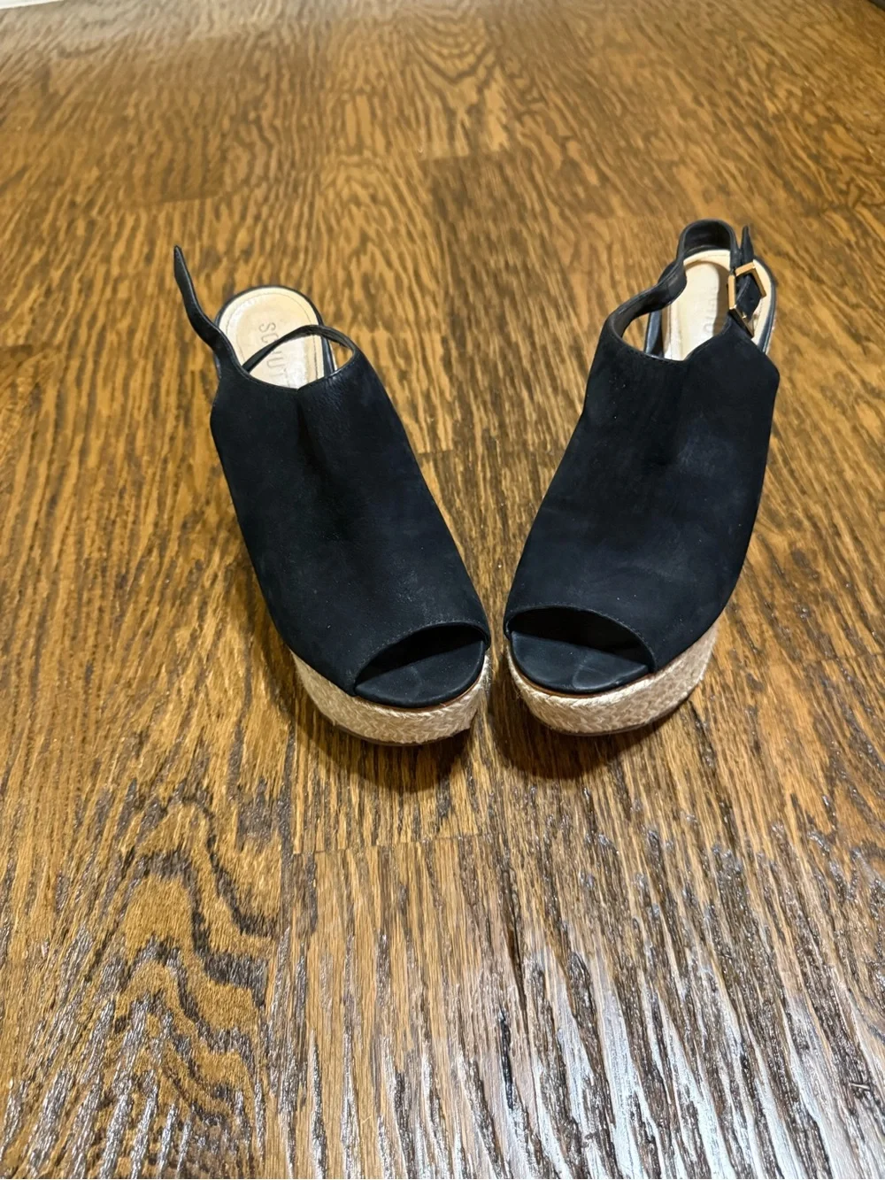 SCHUTZ Black Suede Wedge Espadrille Slingback Peep-Toe Sandals
